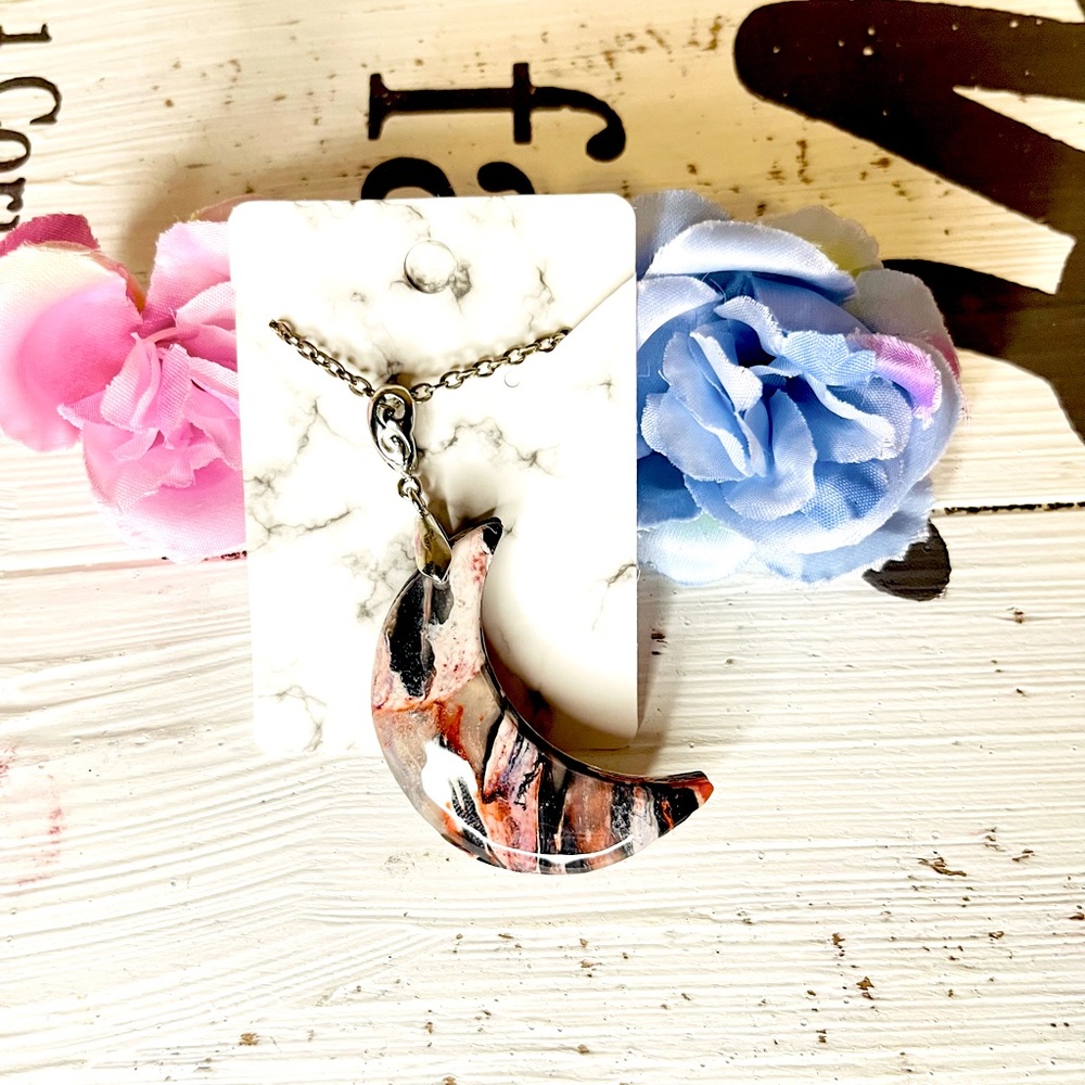 Crescent shaped, handmade, polymer, clay, necklace